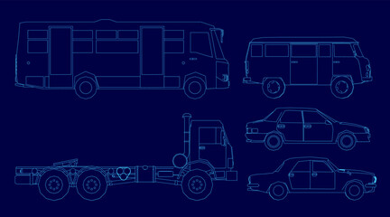 Car blueprints with distinct designs are lined up on a blue background. Each vehicle features detailed headlights, grilles, and wheels. The clean contour lines highlight the unique shapes.