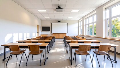 Modern Classroom Interior with Rows of Desks, Projector, and Natural Light