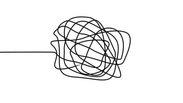 Black animated scribble ball tangled in center of white background, looping line chaos in minimalist motion style representing confusion, complexity, disorder, anxiety or overloaded mind concept
