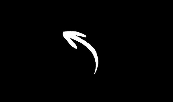 White curved arrow pointing up and left on black background, hand drawn animated sketch icon for motion graphics, explainer videos, callouts, interface tutorials, navigation, or infographic markers