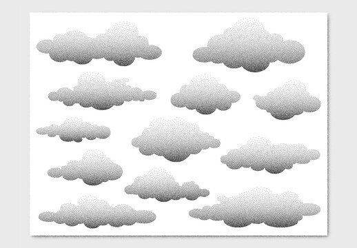 Vector collection of abstract clouds with stipple noise texture effect isolated on white background
