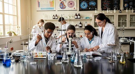 Photo of students and teacher conducting a science experiment in a laboratory classroom