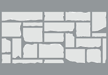 Vector collection of blank white torn paper sheets isolated on gray background.