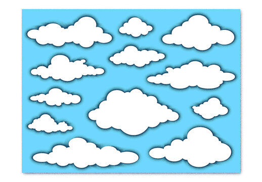 Vector collection of abstract clouds with stipple noise texture effect isolated on blue background