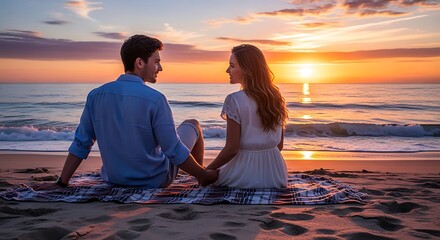 Photo of couple holding hands on the beach watching a beautiful sunset over the ocean