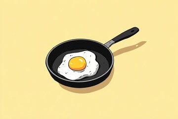Fried egg in black frying pan on light yellow background. Cartoon style vector illustration with copy space. Cooking and breakfast concept for design and print