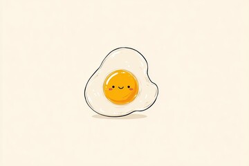 Fried egg with smiling face on light background. Cute cartoon style vector illustration with copy space. Breakfast and food concept for design and print