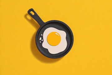 Fried egg in black frying pan on light yellow background. Cartoon style vector illustration with copy space. Cooking and breakfast concept for design and print