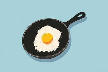 Fried egg in black frying pan on light blue background. Cartoon style vector illustration with copy space. Cooking and breakfast concept for design and print