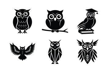 Owl nocturnal bird of prey wisdom vector silhouette on white background