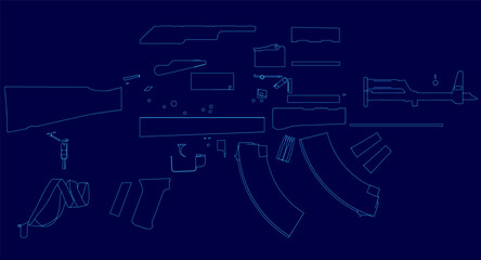 Blueprint of a rifle with detailed contours and labeled parts on a blue technical background. The machine gun design includes precise measurements and mechanical components.