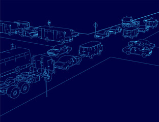 A blue background features a line drawing of a busy street lot filled with cars and trucks. Contour-style poles display sign boards, illustrating autonomous vehicle concepts.