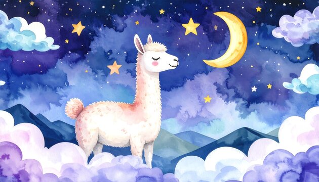 Watercolor illustration of a llama on a night sky background. - Powered by Adobe