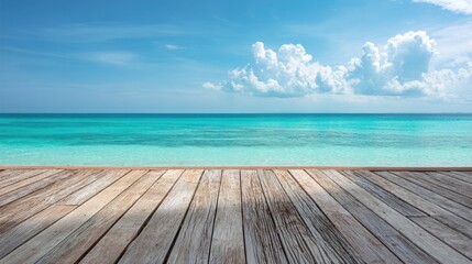 Wooden texture table with blue sea and bright sky in summer background