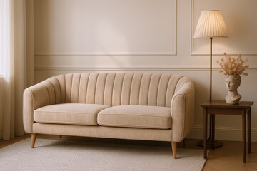 Elegant Beige Channel Tufted Sofa and Modern Floor Lamp with Classical Bust Accent in a Serene Living Space