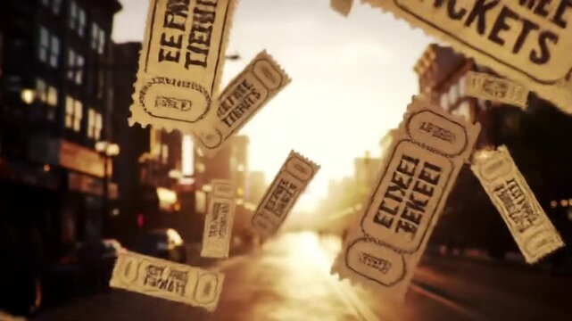 Falling Tan Tickets Against Sunlit City Street Promoting Free Events and Opportunities in Urban Architecture