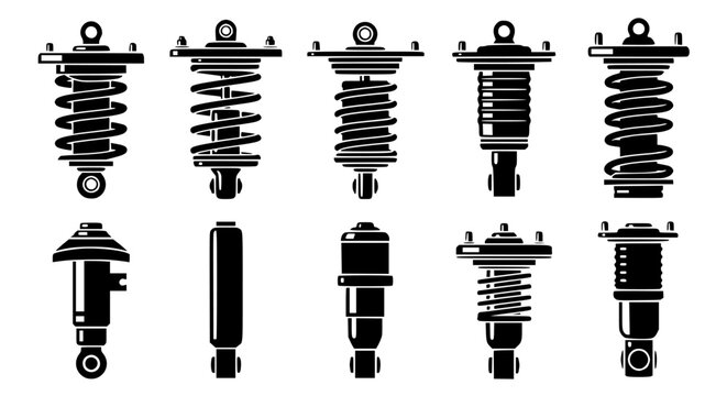 Collection of distinct automotive shock absorber and strut assemblies depicted as black silhouettes isolated on transparent background