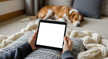Relaxing at home with tablet and dog blank screen cozy winter comfortable technology device home leisure peaceful calm serenity comfort warm blanket dog friend