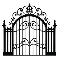 Wrought Iron Gate and Fence Vector Silhouette