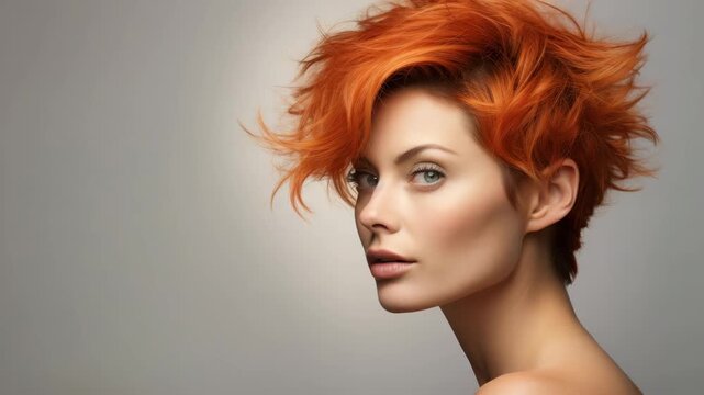 Woman with vibrant red hair styled in a tousled, edgy look facing slightly to the side