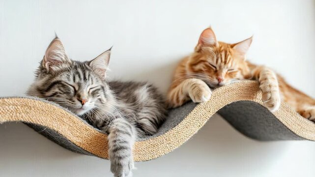 Two cats relaxing on a curved scratching post with a neutral background