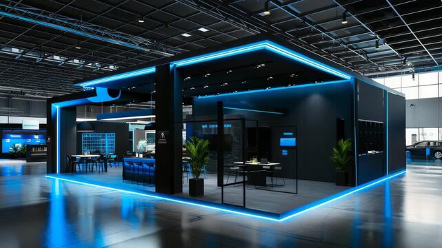 Modern exhibition booth with sleek black walls and vibrant blue LED lighting in an indoor trade show space