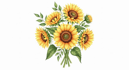 Obraz premium Bouquet of yellow sunflowers with green leaves on white background
