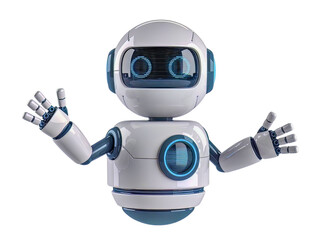 Friendly white robot waving hello with open arms, ready to assist and engage