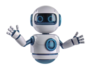 Friendly white robot waving hello with open arms, ready to assist and engage