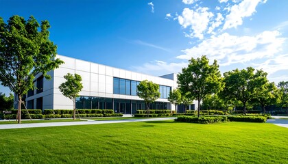 Obraz premium Modern office building with lush landscaping under a clear sky.