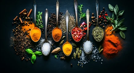 Tableau sur plexiglas Cuisine Assorted colorful spices and sea salt in spoons on dark background  © Liudmila