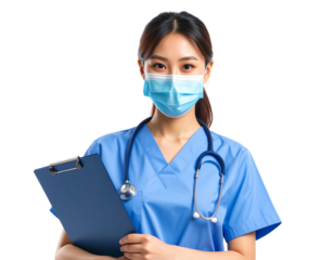 Healthcare Worker Cartoon with Mask, Clipboard, and Stethoscope PNG