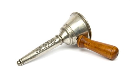 Antique pewter bell with wooden handle.