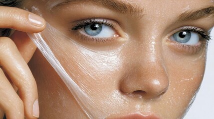 Fototapeta premium Close up of woman removing cosmetic mask, uncovering fresh, luminous complexion while emphasizing skincare importance for healthy, glowing appearance