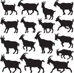 Many Black Goat Silhouettes In Different Poses On White Background animal farm