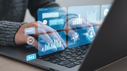 Person interacting with a holographic interface displaying data and chat - Powered by Adobe