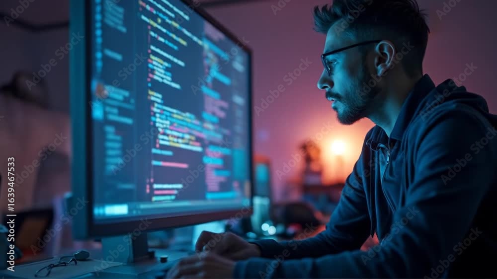 Wall mural dedicated programmer working late, writing complex code on a large display screen