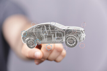 Innovative automotive technology.  3D digital car model design for future vehicles.
