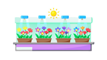 Indoor flower garden with grow lights and sun illustration for gardening and home decor enthusiasts