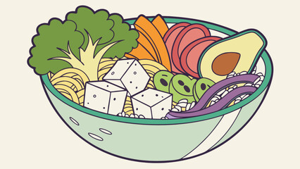 Delicious poke bowl with fresh avocado tofu and vegetables healthy eating and balanced diet concept illustration
