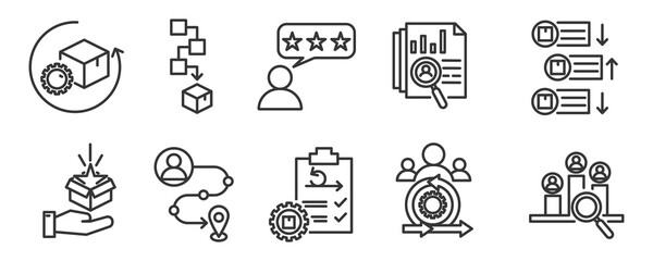 icon pack of product management in creative outline vector style for agile methodology roadmap backlog user journey market research and feature prioritization for business industry