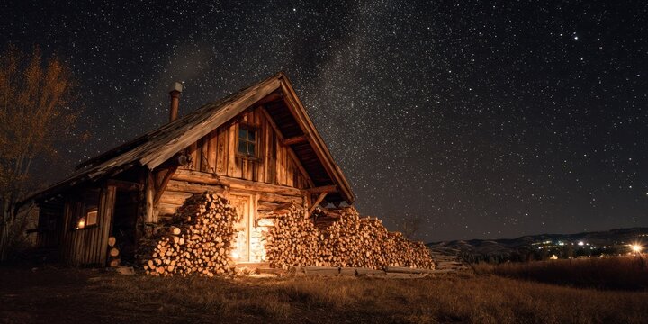 A mountain cabin with firewood stacked outside, stars above - Powered by Adobe