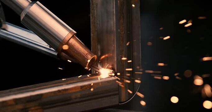 Laser welding machine. Shot on super slow motion camera 1000 fps. Laser welding is shown in close-up