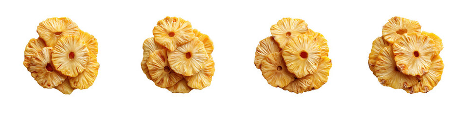 Four piles of golden dried pineapple slices Healthy tropical fruit snack arranged on a dark background isolate
