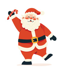 Santa Claus holding candy cane and smiling. Flat cartoon illustration on white background. Christmas character and winter holiday concept. Vector illustration, Design for congratulations, postcards.