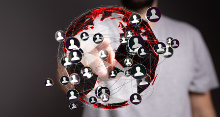 Image of a person interacting with a global network visualization.  Ideal for technology, social media, and connection c