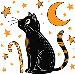 Black Cat Sitting on Crescent Moon with Stars Spooky Halloween Vector Illustration
