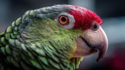 Fototapeta premium Closeup view of a vibrant green parrot showcasing its intricate feather patterns and striking red accents in a natural setting