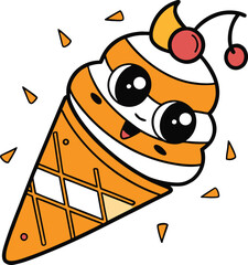 Cute Kawaii Ice Cream Cone Cartoon Character Illustration