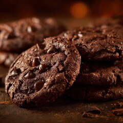 Fototapeta premium Delicious double chocolate cookies, kitchen counter, warm background, dessert
